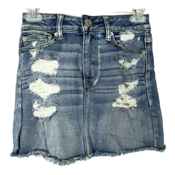 American Eagle Outfitters Distressed Denim Mini Skirt Front & Back Pockets Sz 0 - Picture 1 of 4